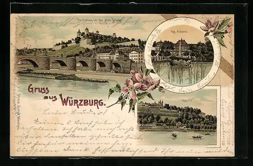 Lithographie Würzburg, Die Festung mit der alten Brücke, Königliches Schloss, Kapelle
