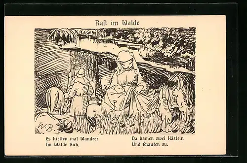Künstler-AK Wilhelm Busch: Hernach, Rast im Walde, Es hielten mal Wandrer...