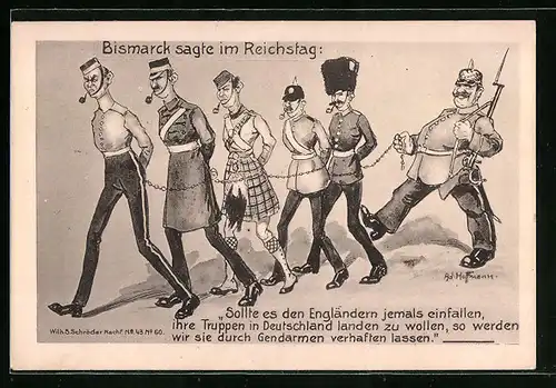 Künstler-AK Ad. Hoffmann: Bismarck sagte im Reichstag..., Deutscher Soldat mit englischen Soldaten an der Kette