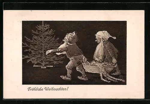 Künstler-AK Maxim Trübe: Zwei Zwerge tragen Korb zum Weihnachtsbaum, Weihnachtsgruss