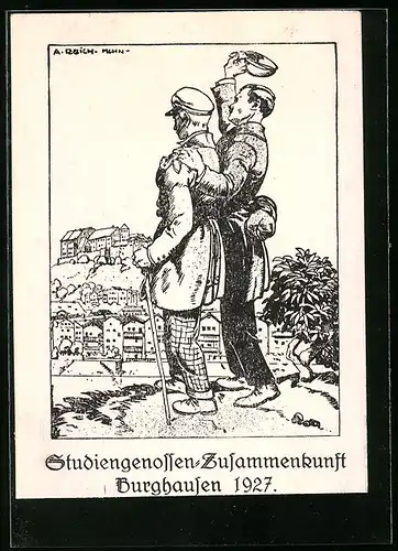 Künstler-AK Burghausen, Studiengenossen-Zusammenkunft 1927, studentische Szene
