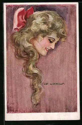 Künstler-AK de Godella: Blonde Frau mit Haarschleife