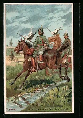 Künstler-AK Richard Knoetel: Radfahrer von Jägern zu Pferde verfolgt