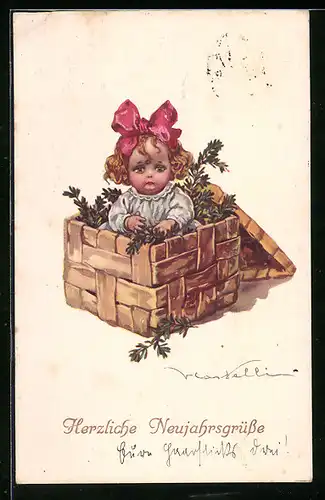 Künstler-AK Castelli: Mädchen mit Tannenzweigen im Korb, Neujahrsgruss