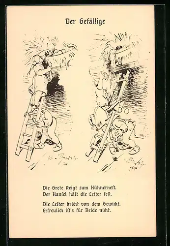 Künstler-AK Wilhelm Busch: Hernach, Der Gefällige, Die Grete steigt zum Hühnernest...