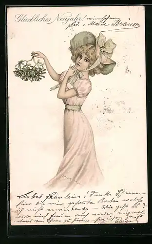 Künstler-AK Ludwig Rauh: Neujahrsgrüsse, Blondine im pinken Kleid