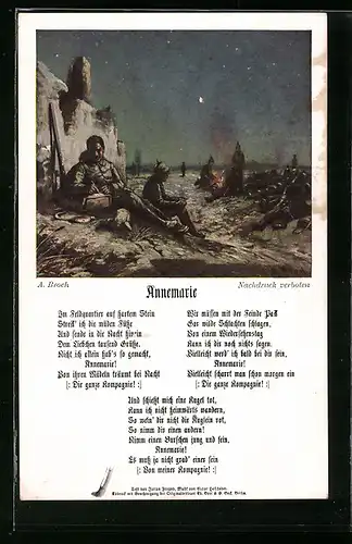 AK Soldat beim Schreiben von Feldpost, Liedtext des Liedes Annemarie