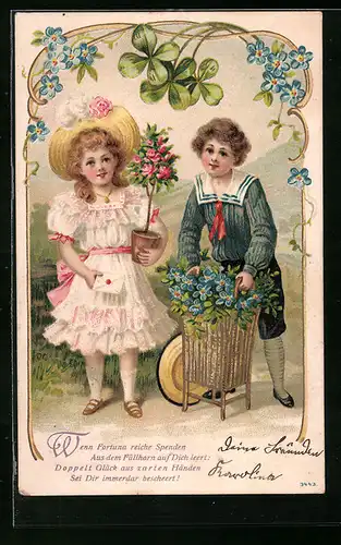 Foto-AK Kinder aus gutem Hause beim Umtopfen von Frühblühern