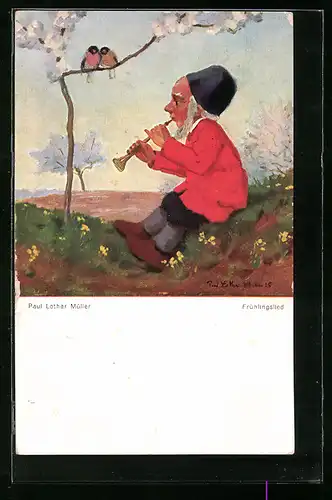 Künstler-AK Paul Lothar Müller: Zwerg spielt Flöte, Frühlingslied