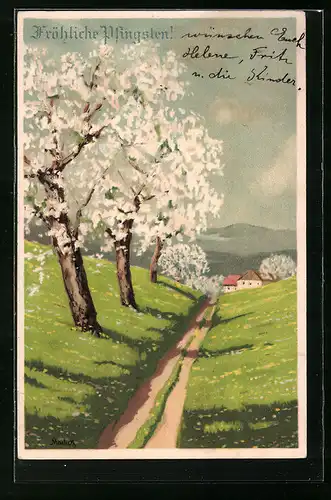 Künstler-AK Alfred Mailick: Dorfpartie mit blühenden Bäumen zu Pfingsten