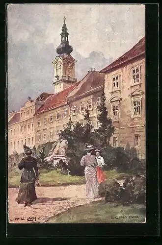 Künstler-AK Fritz Lach: Linz, Promenade mit Denkmal und drei Frauen