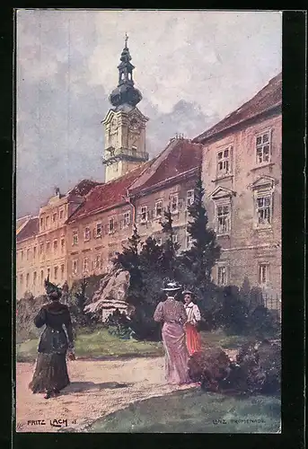 Künstler-AK Fritz Lach: Linz, Promenade mit Denkmal und drei Frauen