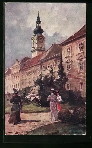 Künstler-AK Fritz Lach: Linz, Promenade mit Denkmal und drei Frauen