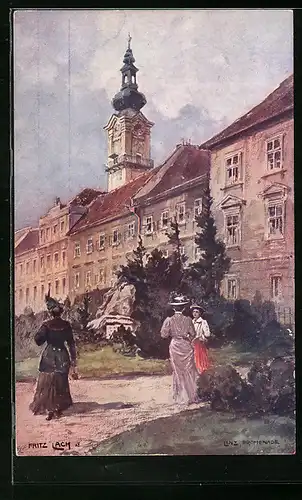 Künstler-AK Fritz Lach: Linz, Promenade mit Denkmal und drei Frauen