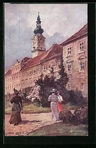 Künstler-AK Fritz Lach: Linz, Promenade mit Denkmal und drei Frauen