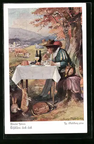 Künstler-AK Georg Mühlberg: Brüder Grimm Märchen, Tischlein deck dich, voll gedeckter Tisch