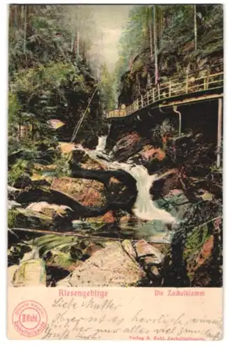 Relief-AK Zackelklamm-Wasserfall im Riesengebirge