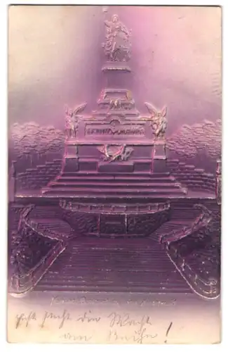 Präge-Airbrush-AK National-Denkmal auf dem Niederwald