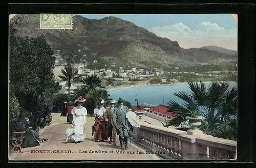 AK Monte-Carlo, Les Jardins et Vue sur le Moulins