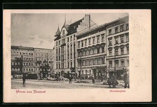 AK Rixdorf, Hermannplatz mit Apotheke und Mehl-Handlung