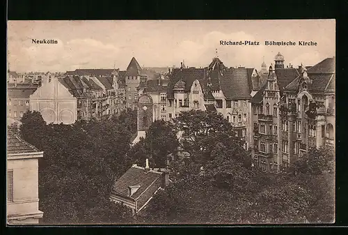 AK Berlin-Neukölln, Richard-Platz und Böhmische Kirche