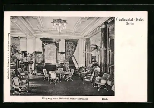 AK Berlin, Continental-Hotel, Eingang vom Bahnhof Friedrichstrasse, Diele