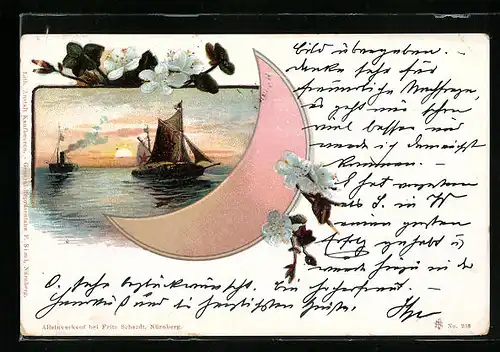 Lithographie Segelschiffe im Sonnenuntergang, Mondsichel