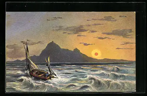 Künstler-AK Friedrich Perlberg: Fischer segelt über das stürmische Meer in den Sonnenuntergang