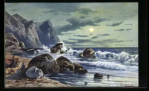 Künstler-AK Friedrich Perlberg: Mutter und Kind am Strand bei Vollmond