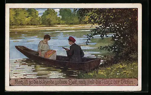 Künstler-AK Ernst Kutzer: Junges Paar geniesst zusammen den Frühling in einem kleinen Boot