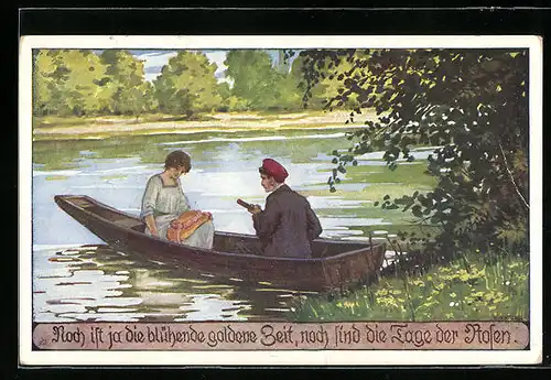 Künstler-AK Ernst Kutzer: Junges Paar geniesst zusammen den Frühling in einem kleinen Boot