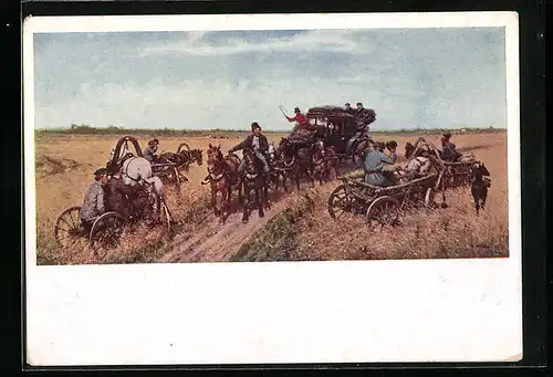 AK Russische Bauern mit Kutsche auf einem Feldweg