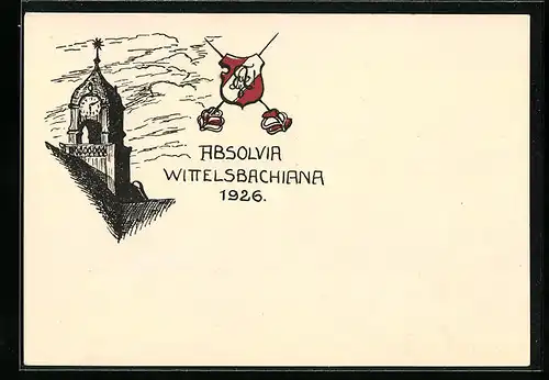 Künstler-AK Wittelsbach, Absolvia Wittelsbachiana 1926, Uhrturm, Studentenwappen