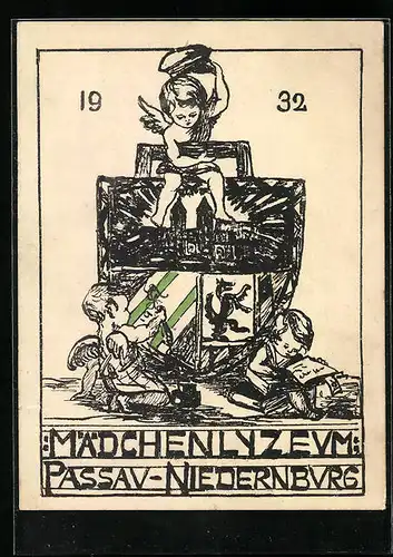 Künstler-AK Passau-Niedernberg, Mädchenlyzeum 1932, Studentenwappen mit Englein