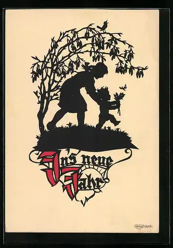 Künstler-AK Georg Plischke: Schattenbild, Frau mit Kleinkind, Neujahrsgruss