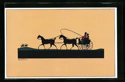Künstler-AK sign. Dora Baum: Paar in Kutsche mit zwei vor den Wagen gespannten Pferden, Scherenschnitt