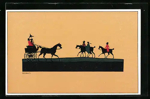 Künstler-AK sign. Dora Baum: Paar in Kutsche begegnet Paar auf Pferden, Scherenschnitt