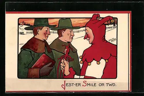 Künstler-AK sign. Geo. W. Mason: Harlekin versucht zwei strenge Herren zum Lachen zu bringen