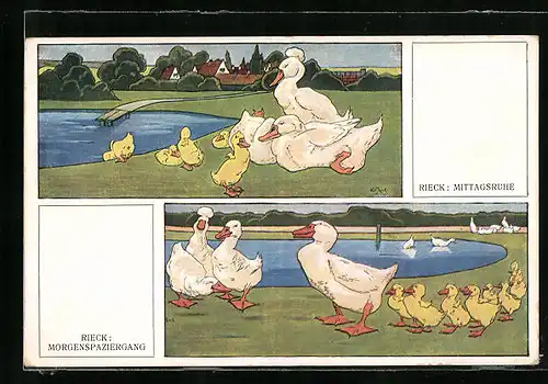 Künstler-AK sign. Rieck: Mittagsruhe und Morgenspaziergang