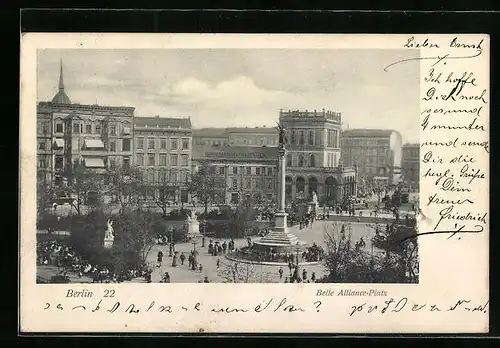 AK Berlin, Mitteldeusche Kreditbank am Belle-Alliance-Platz mit Denkmal