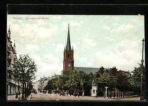AK Berlin-Rixdorf, Evangelische Kirche mit Litfasssäule