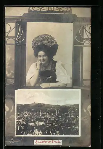 AK St. Gallen, Ortsansicht und Frau in Tracht