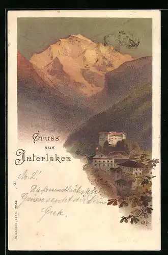 AK Interlaken, Ortsansicht bei untergehender Sonne