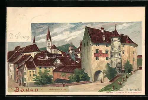 Künstler-AK Baden, Ansicht auf den Siedlungsort