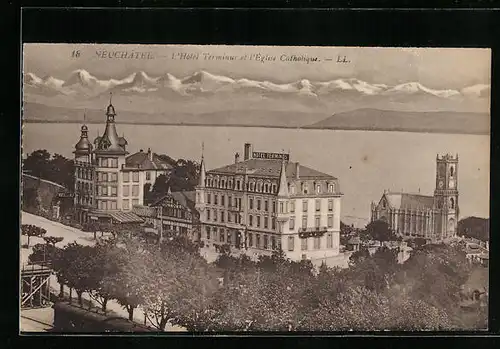 AK Neuchatel, Gesamtansicht auf das Hotel Terminus mit dem Blick auf das Wasser