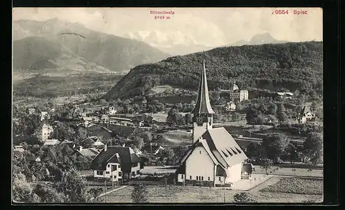 AK Spiez, Ortsansicht mit Kirche und dem Bluemlisalp im Hintergrund