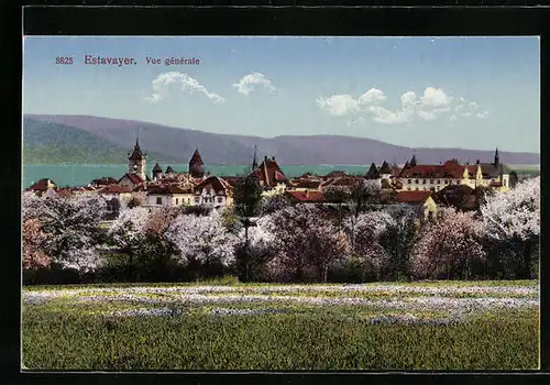 Künstler-AK Estavayer, Ortsansicht mit dem Blick auf die Kleinstadt und die Berge