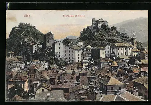 Künstler-AK Sion, Dächer der Kleinstadt mit Schloss im Hintergrund aus der Vogelschau