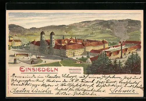 Künstler-AK Einsiedeln, Das Kloster aus der Vogelschau