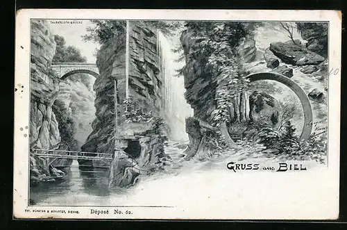 Künstler-AK Biel, Taubenloch-Brücke, Wasserfall